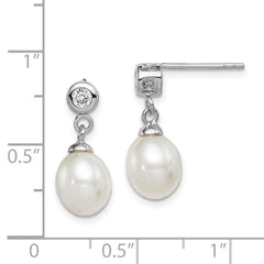 Rhodium-plated Silver 7-8mm White FWC Pearl CZ Dangle Earrings