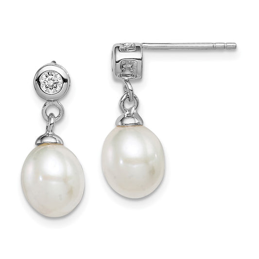 Rhodium-plated Silver 7-8mm White FWC Pearl CZ Dangle Earrings