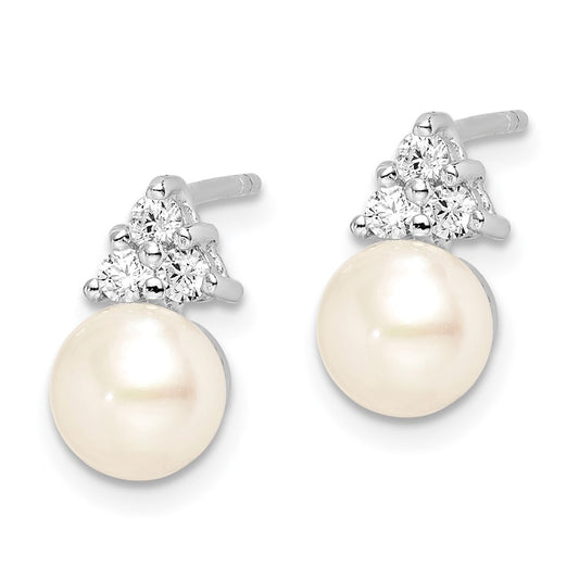 Rhodium-plated Sterling Silver 6-7mm White FWC Pearl CZ Post Earrings