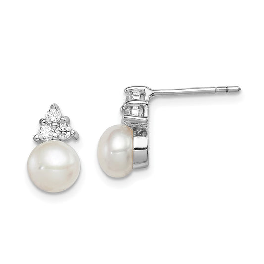 Rhodium-plated Sterling Silver 6-7mm White FWC Pearl CZ Post Earrings