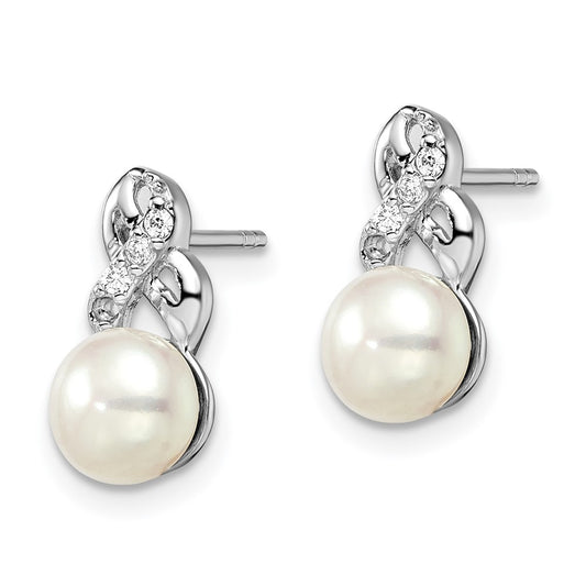 Rhodium-plated Sterling Silver 6-7mm White FWC Pearl CZ Post Earrings