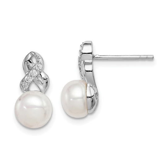 Rhodium-plated Sterling Silver 6-7mm White FWC Pearl CZ Post Earrings