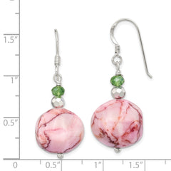 Sterling Silver Green Crystal and Pink Jasper Dangle Earrings