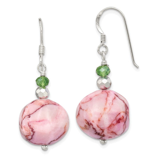 Sterling Silver Green Crystal and Pink Jasper Dangle Earrings