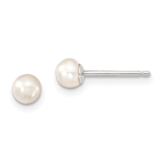 Rhodium-plated Sterling Silver 4-5mm White Button FWC Pearl Post Earrings