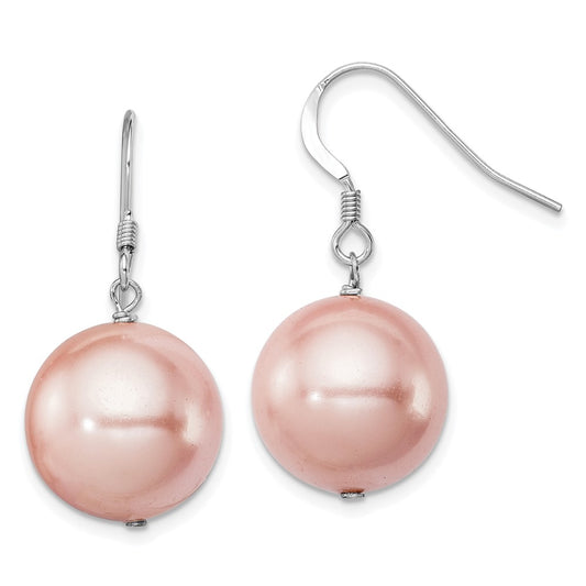 Rhodium-plated Sterling Silver 14-15mm Pink Shell Pearl Dangle Earrings