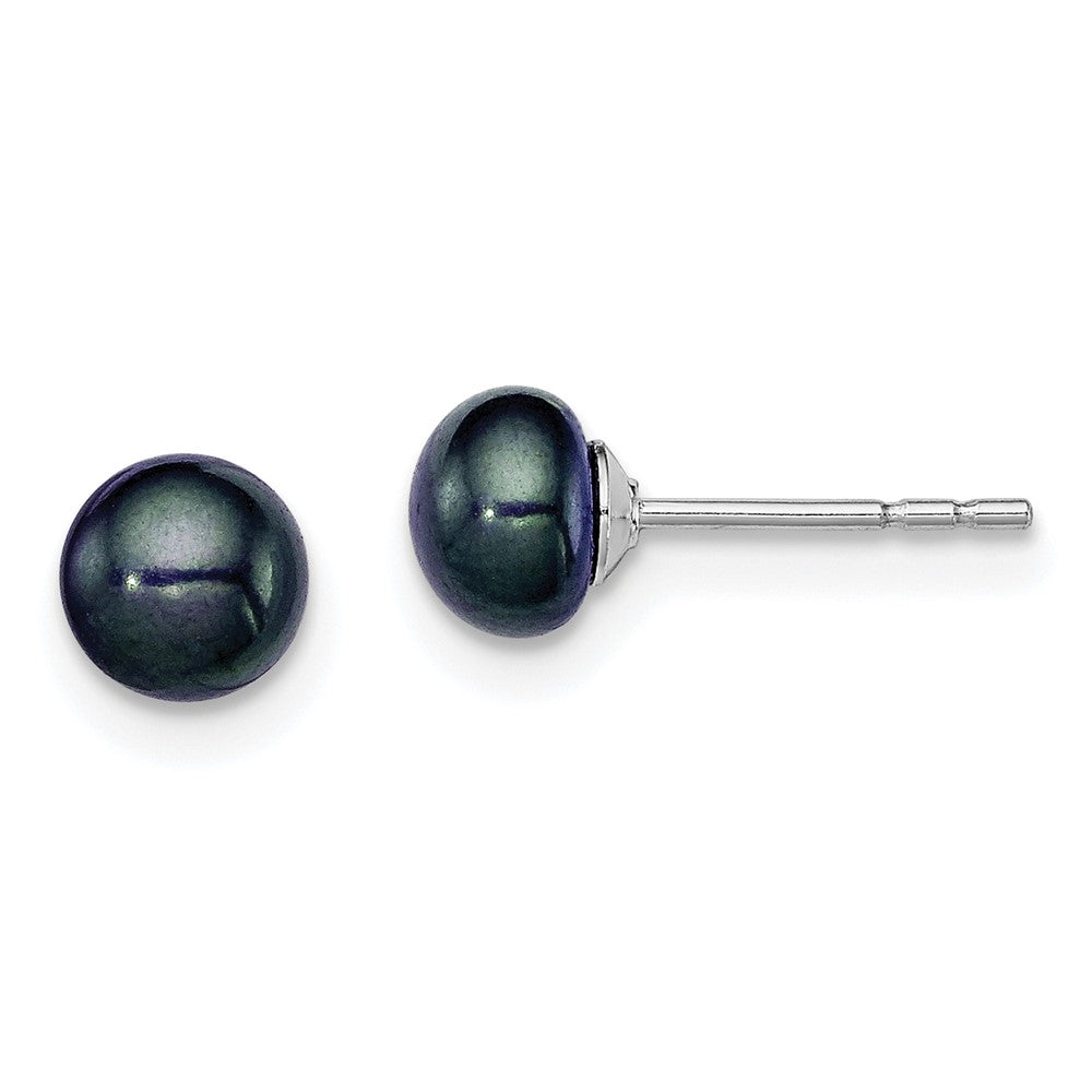 Rhodium-plated Silver 5-6mm Black FWC Button Pearl Stud Earrings