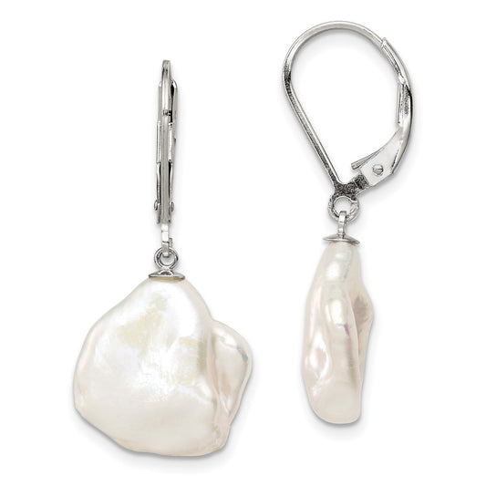 Rhodium-plated Sterling Silver 13-15mm White Keshi FWC Pearl Earrings