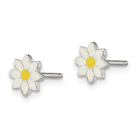 Sterling Silver Polished & Enameled Flower Post Earrings