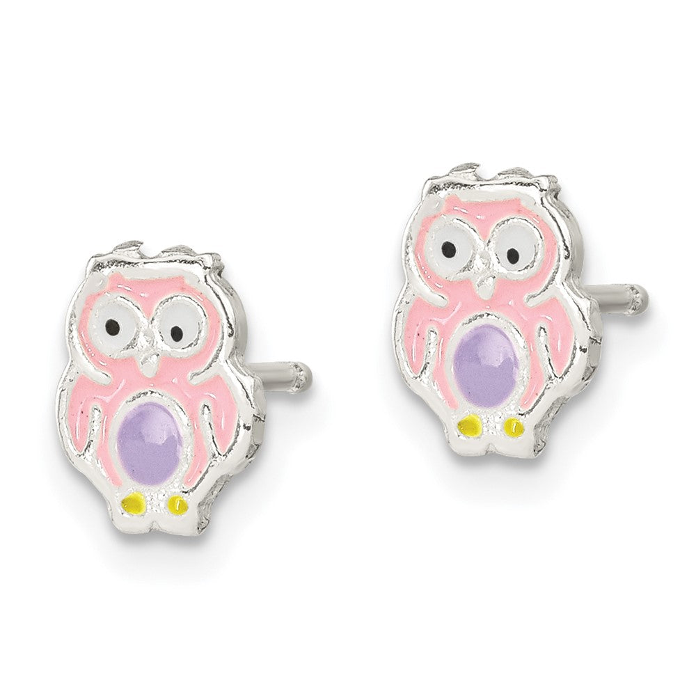 Sterling Silver Polished & Enameled Owl Post Earrings