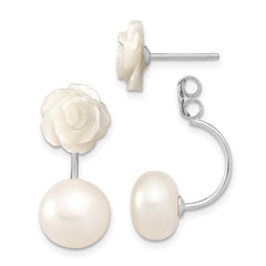 Rhodium-plated Sterling Silver 8-9mm FWC Pearl MOP Flower Front Back Earrings