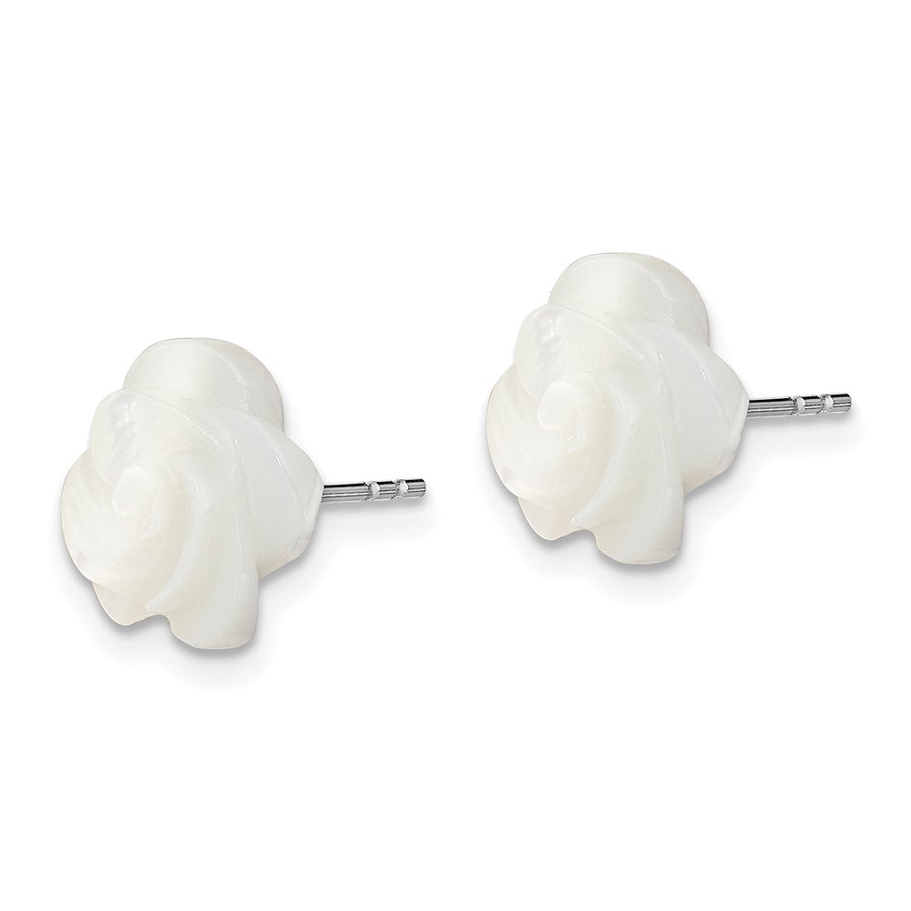 Rhodium-plated Silver 10mm White Mother of Pearl Flower Earrings