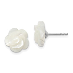 Rhodium-plated Silver 10mm White Mother of Pearl Flower Earrings