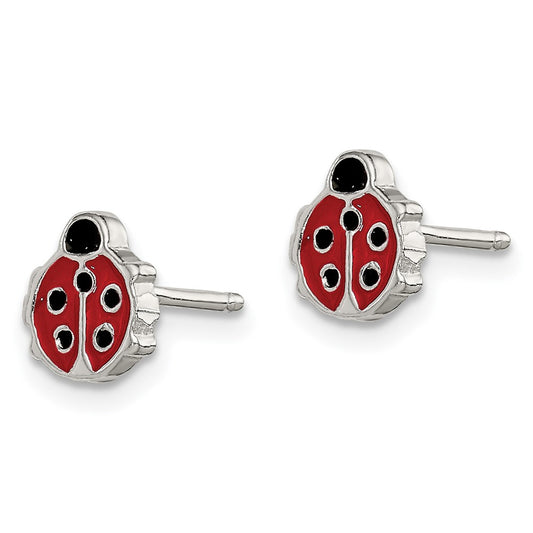 Sterling Silver Polished & Enameled Ladybug Post Earrings