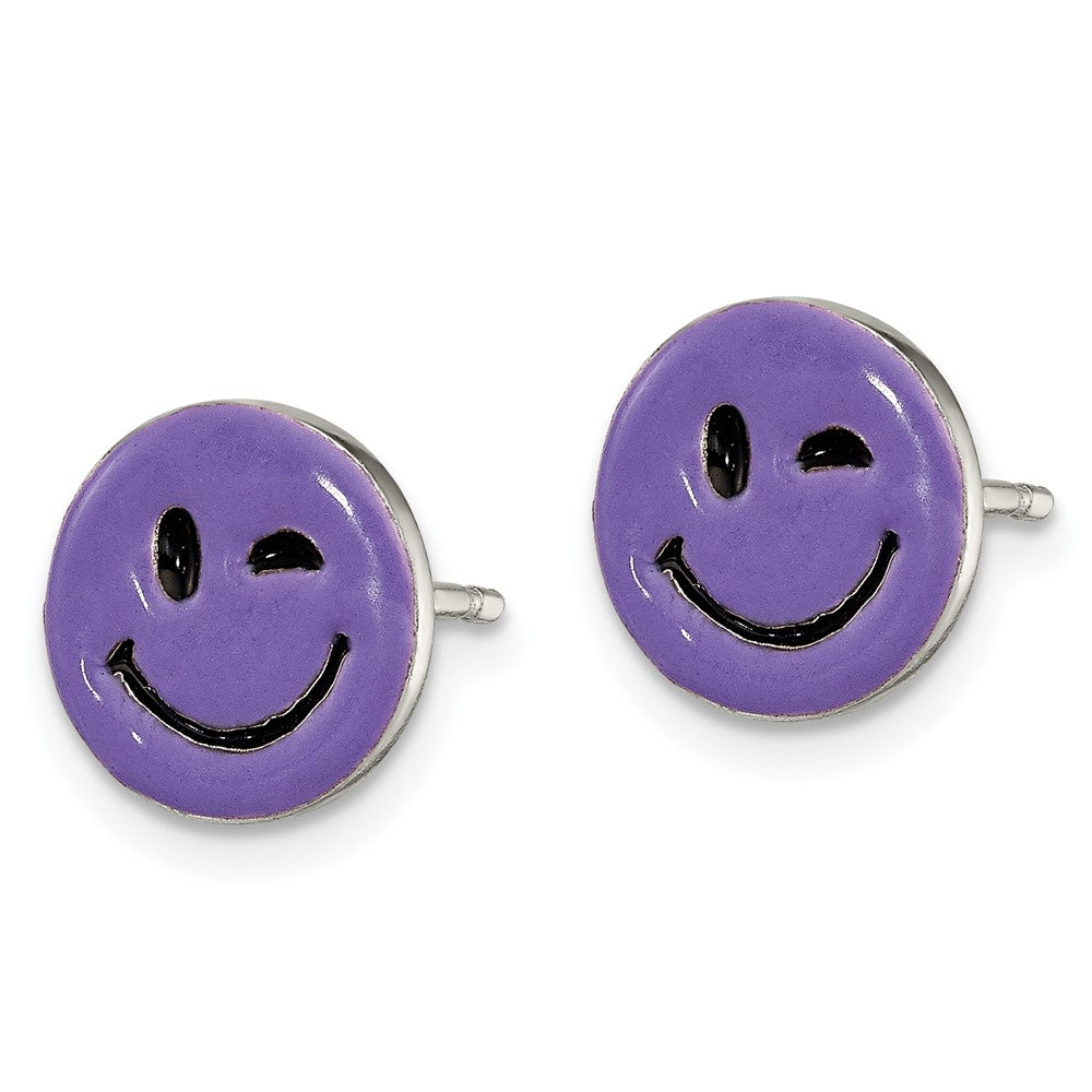 Sterling Silver Purple Enamel Winking Smiley Face Post Earrings