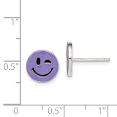 Sterling Silver Purple Enamel Winking Smiley Face Post Earrings