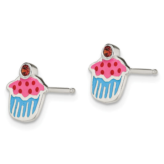 Sterling Silver Polished Enamel Garnet Cupcake Childs Post Earrings