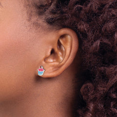 Sterling Silver Polished Enamel Garnet Cupcake Childs Post Earrings