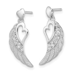 Rhodium-plated Silver CZ Open Heart on Wings Post Drop Earrings