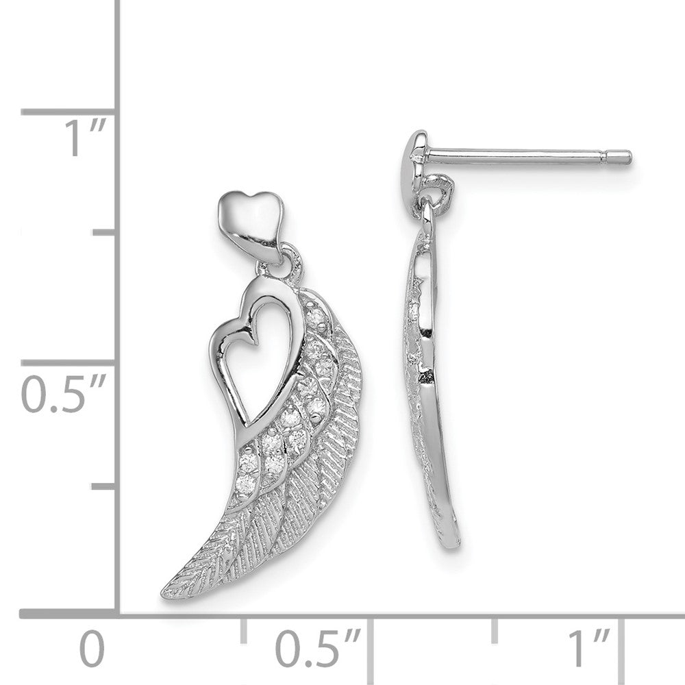 Rhodium-plated Silver CZ Open Heart on Wings Post Drop Earrings