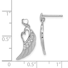 Rhodium-plated Silver CZ Open Heart on Wings Post Drop Earrings