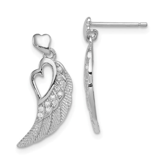 Rhodium-plated Silver CZ Open Heart on Wings Post Drop Earrings