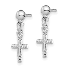 Rhodium-plated Sterling Silver Polished Cross Post Dangle Earrings