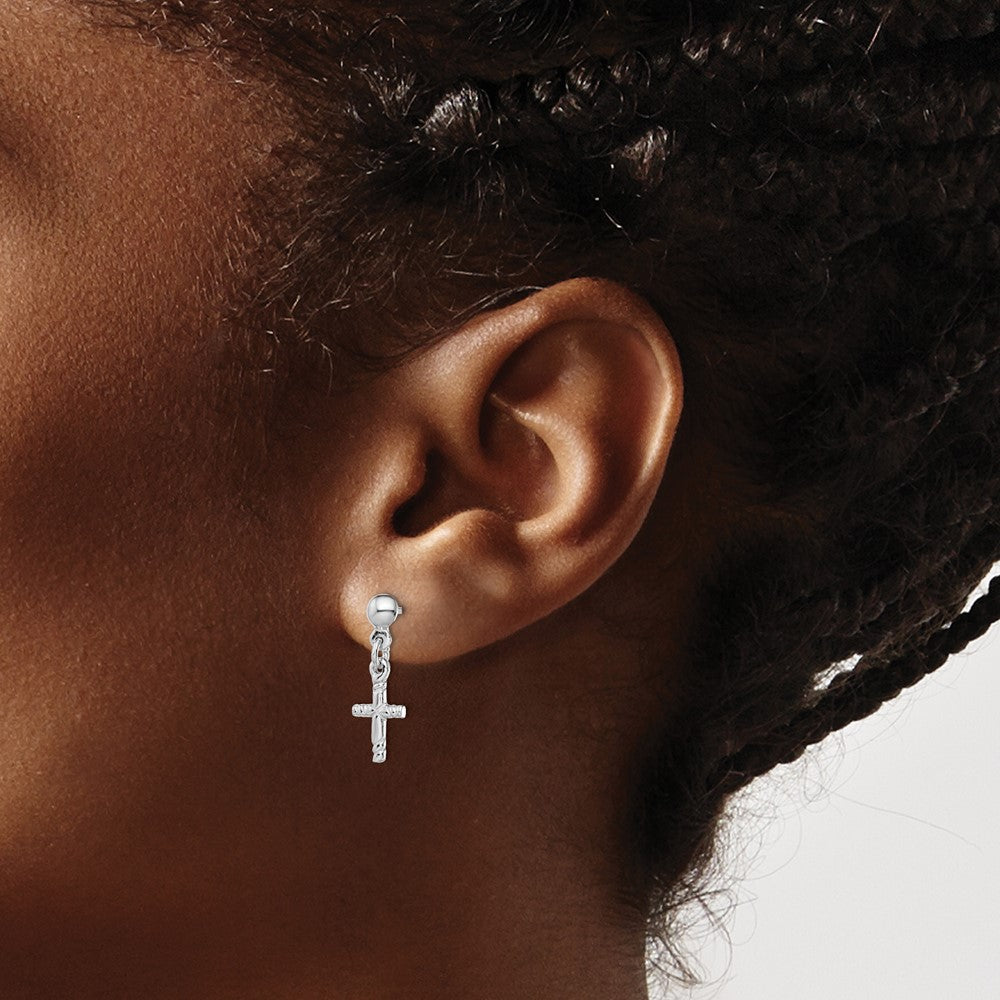 Rhodium-plated Sterling Silver Polished Cross Post Dangle Earrings