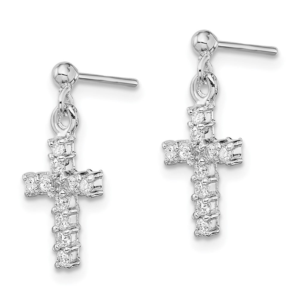 Rhodium-plated Sterling Silver CZ Cross Post Dangle Earrings