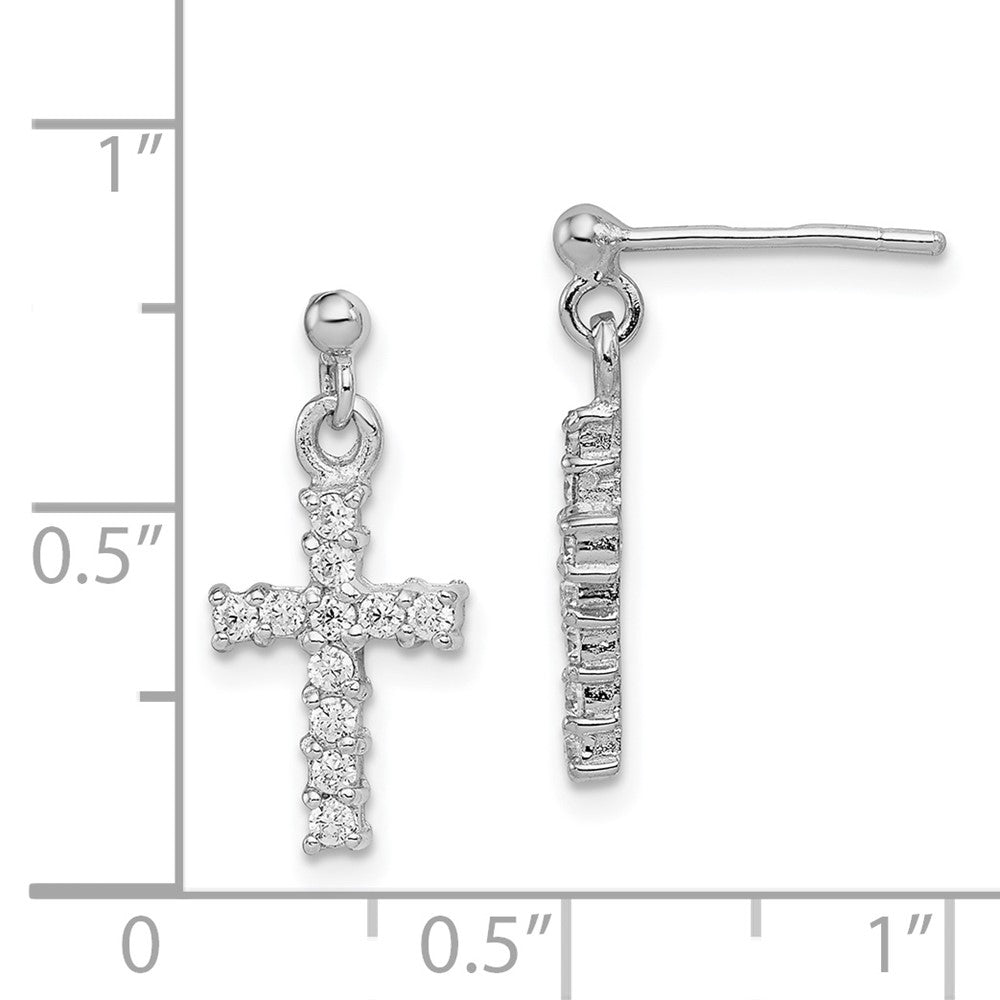 Rhodium-plated Sterling Silver CZ Cross Post Dangle Earrings