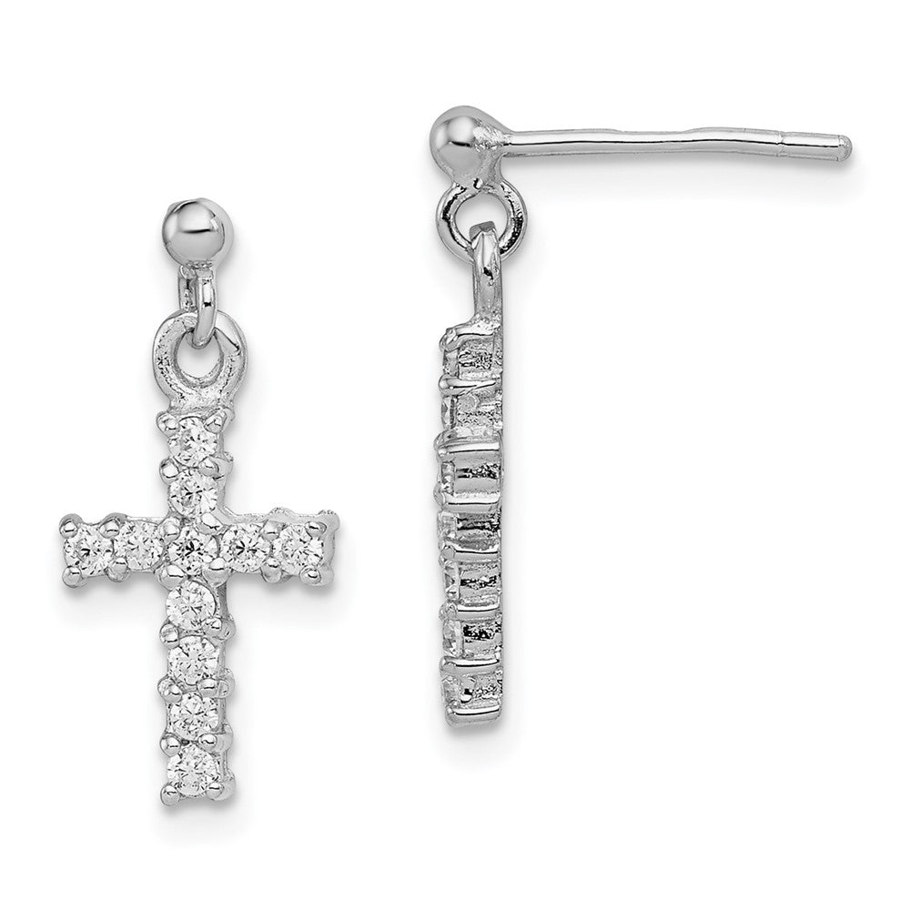 Rhodium-plated Sterling Silver CZ Cross Post Dangle Earrings