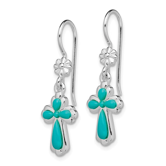 Rhodium-plated Silver Polished Imitation Turquoise Cross Earrings