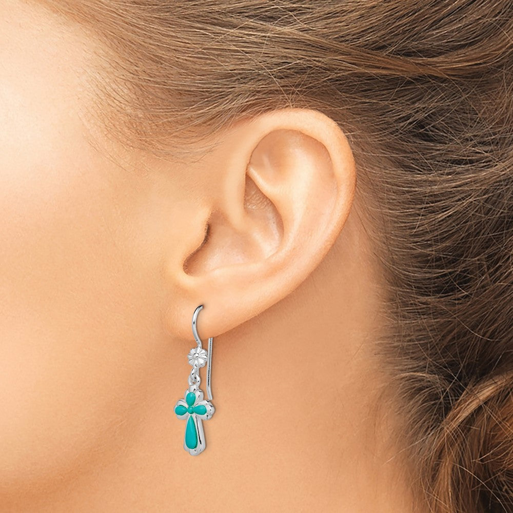 Rhodium-plated Silver Polished Imitation Turquoise Cross Earrings