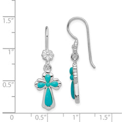 Rhodium-plated Silver Polished Imitation Turquoise Cross Earrings