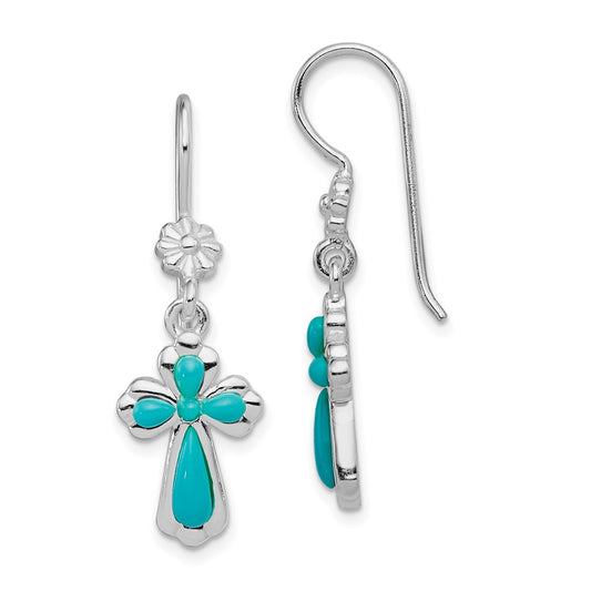 Rhodium-plated Silver Polished Imitation Turquoise Cross Earrings