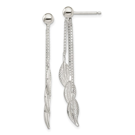 Sterling Silver Polished and Textured Leaf Dangle Post Earrings