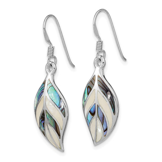 Rhodium-plated Sterling Silver Leaf MOP and Abalone Dangle Earrings
