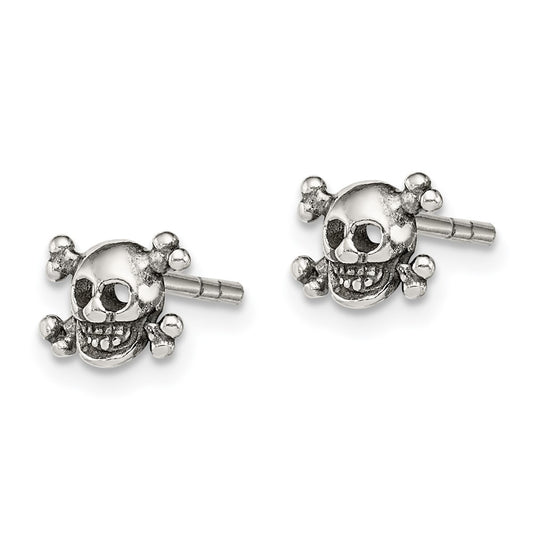 Sterling Silver Polished and Antiqued Skull Post Earrings