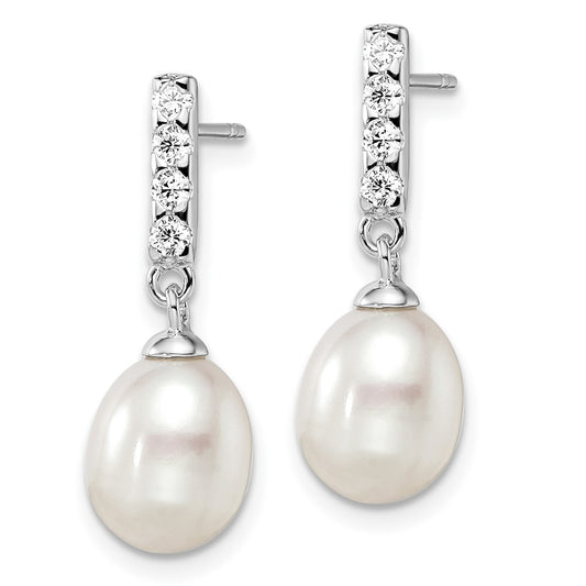 Rhodium-plated Sterling Silver 8-9mm White FWC Pearl CZ Post Earrings