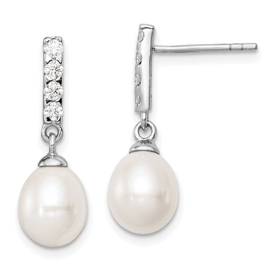 Rhodium-plated Sterling Silver 8-9mm White FWC Pearl CZ Post Earrings