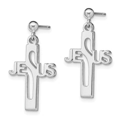 Rhodium-plated Sterling Silver JESUS Cross Post Dangle Earrings