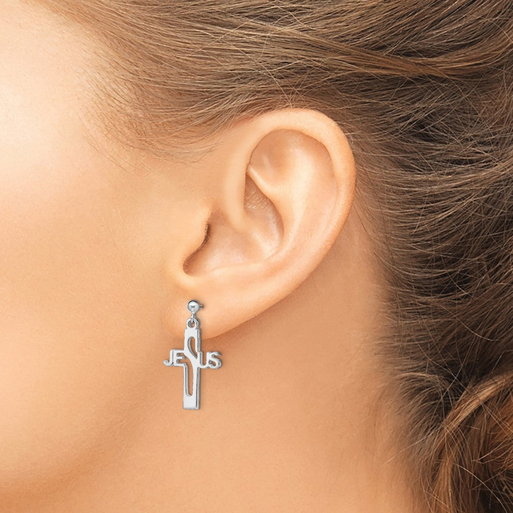 Rhodium-plated Sterling Silver JESUS Cross Post Dangle Earrings