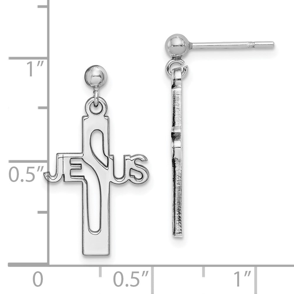 Rhodium-plated Sterling Silver JESUS Cross Post Dangle Earrings