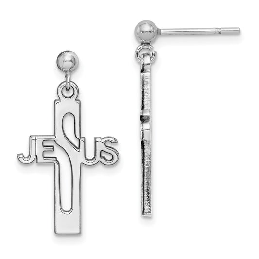 Rhodium-plated Sterling Silver JESUS Cross Post Dangle Earrings