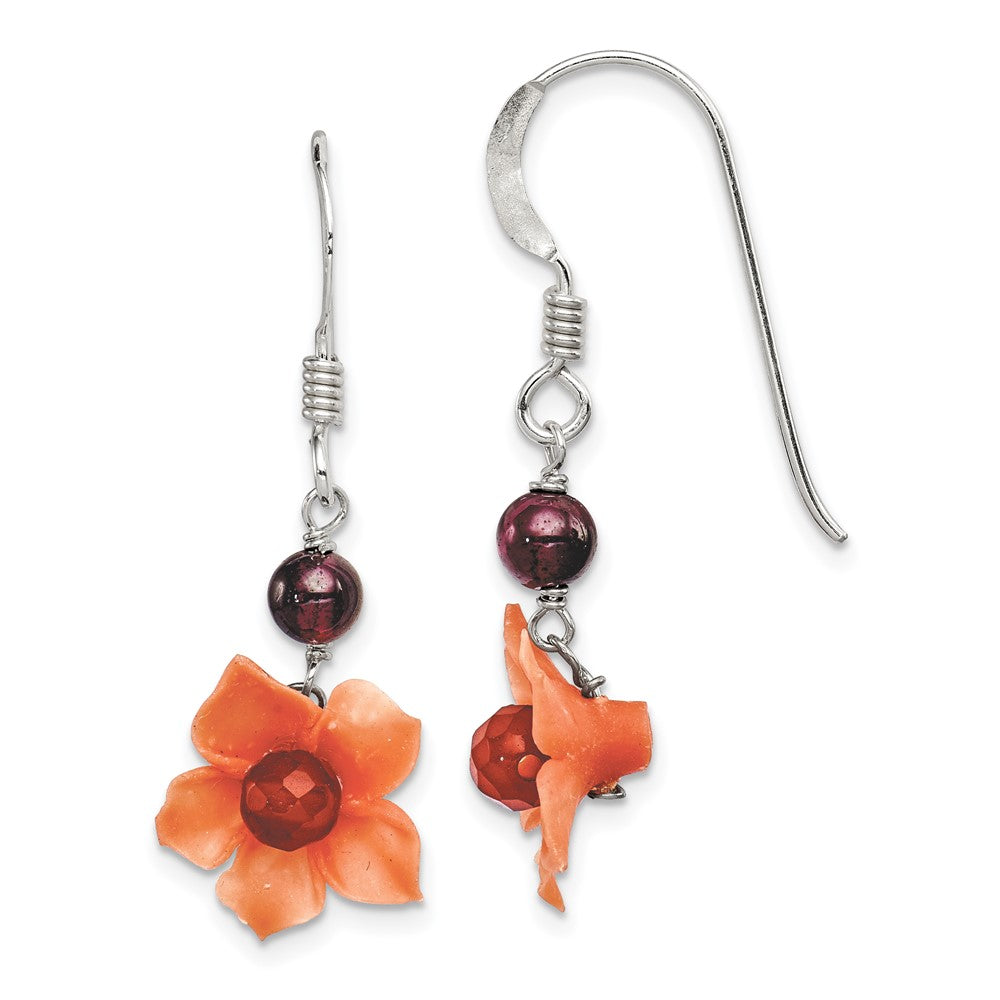 Sterling Silver Garnet Bead Carnelian Dangle Flower Earrings