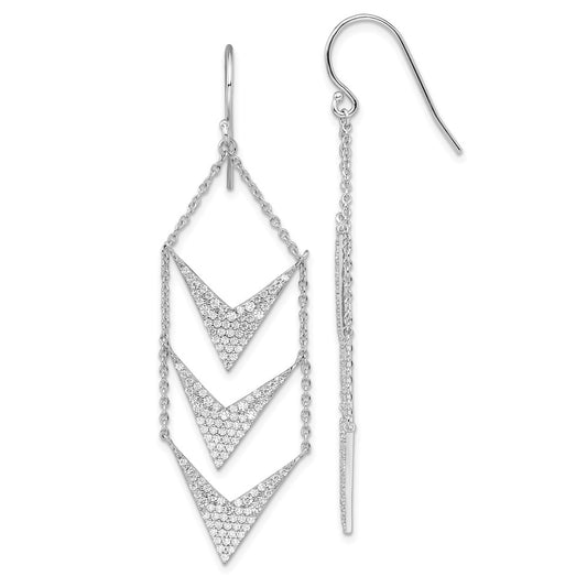 Rhodium-plated Sterling Silver CZ Fancy Dangle Shepherd Hook Earrings