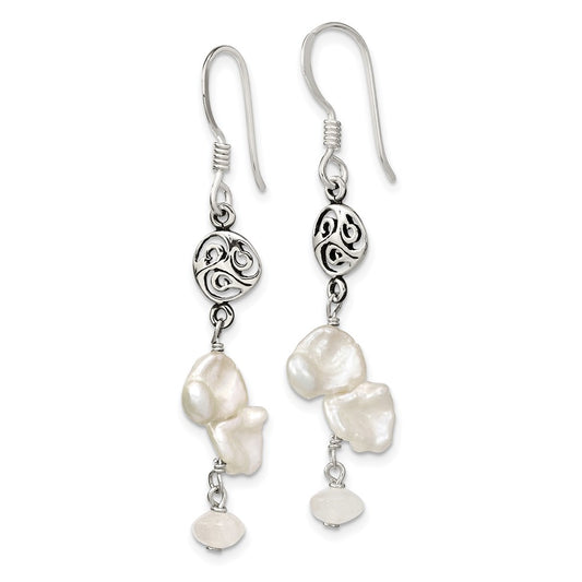 Sterling Silver FWC Keshi Pearl and Moonstone Fancy Dangle Earrings