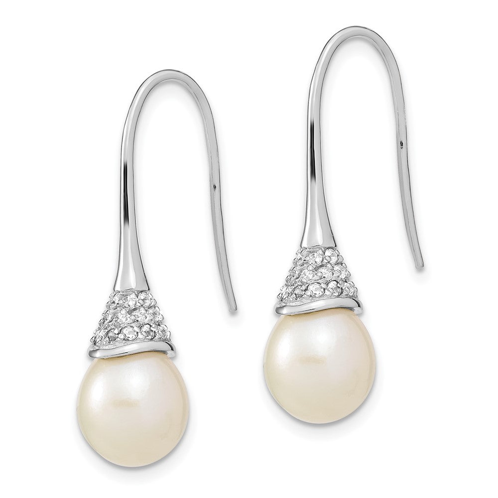 Rhodium-plated Sterling Silver 9-10mm Drop FWC Pearl CZ Dangle Earrings