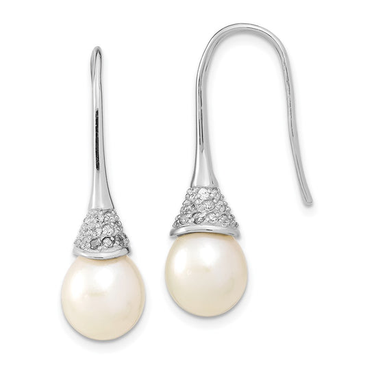 Rhodium-plated Sterling Silver 9-10mm Drop FWC Pearl CZ Dangle Earrings