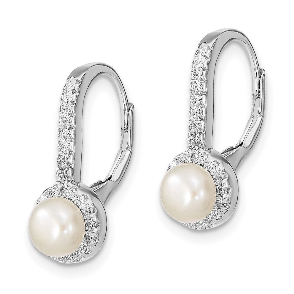 Rhodium-plated Sterling Silver 5-6mm Button FWC Pearl CZ Dangle Earrings